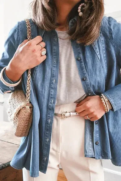 Button Up Collared Neck Denim Jacket Pleated Denim Skirt