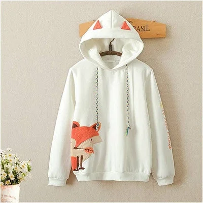 Cute little fox embroidery plus velvet hooded sweater yv2510 Casual Winter Sweater