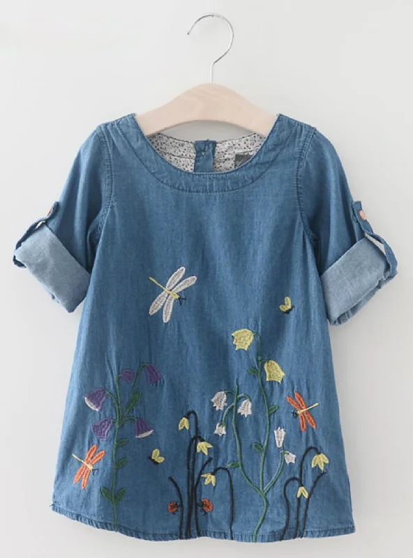 Denim Dress Girls Clothes Butterfly Embroidery Dress Loose Fit Denim