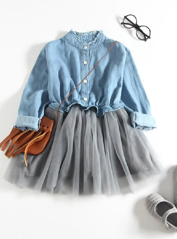 Denim Mesh Patchwork Girl Dress Long Sleeve Relaxed Fit Denim