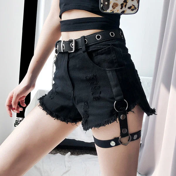 High waist leg ring denim shorts yv42166 Stylish Ripped Denim