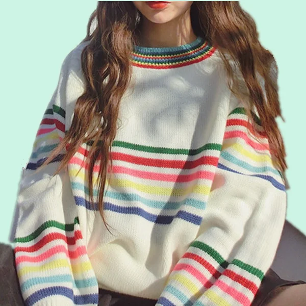 Korean Rainbow Striped Kint Sweater College Trendy Pullover YV5090 Fitted Sweater Gown