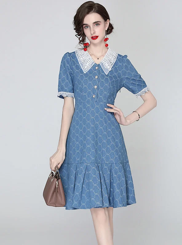 Lace Doll Collar Short Sleeve Denim Dress Trendy Denim Skirt