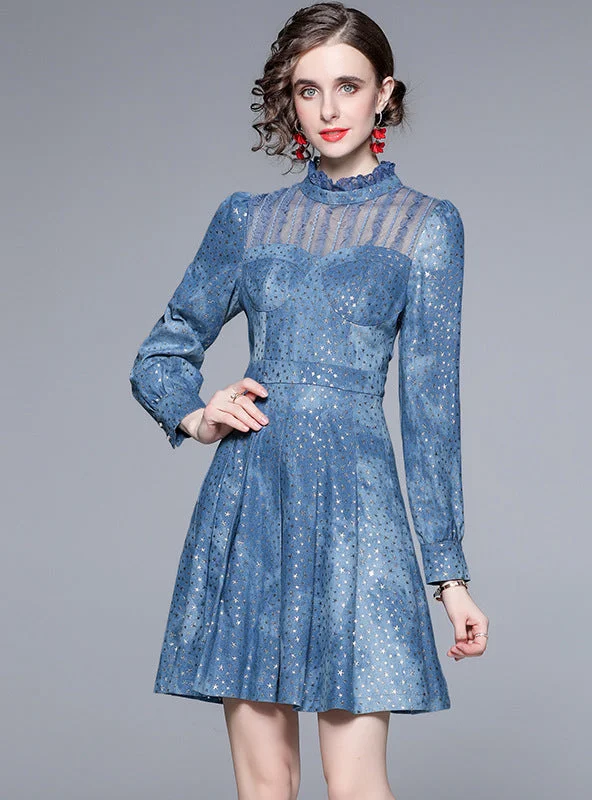 Long Sleeve Perspective Mesh Stitching Denim Dress Denim Skirt Fashion