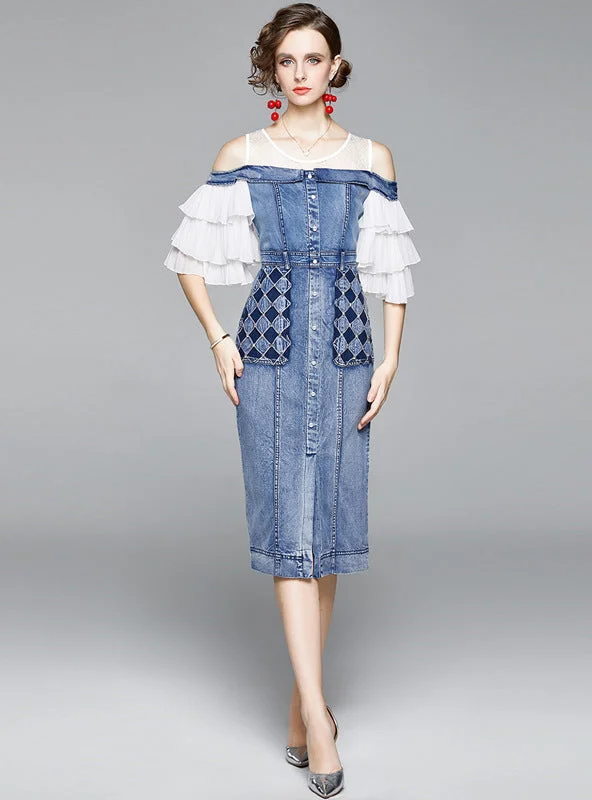 Lotus Leaf Beaded Denim Stitching Dress Patchwork Denim Skirt