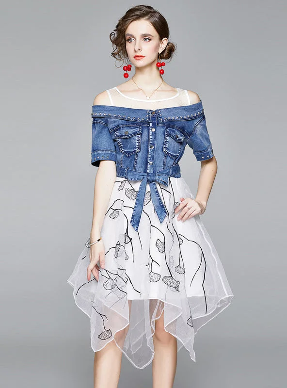 Organza Stitching Denim Dress Button Detail Denim