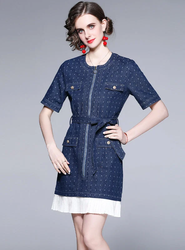 Retro Crewneck Pleated Stitching Denim Dress Comfy Denim Skirt