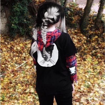 REVIEW FOR GOTHIC CAT PRINT FAKE TWO PIECES HOODIE SWEATER YV5082 Turtleneck Sweater Dress