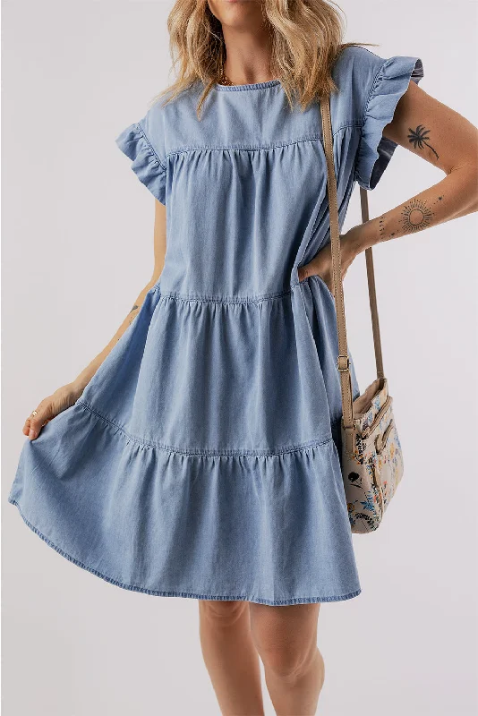 Blue Zone Planet |  Ruffled Round Neck Cap Sleeve Denim Dress Loose Fit Denim