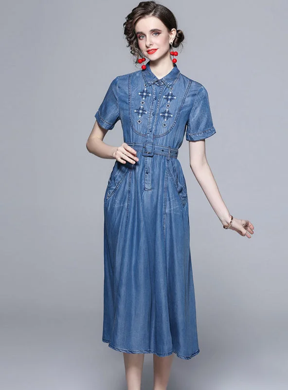 Silk Waistband Short Sleeve Denim Dress Mid-rise Denim Skirt