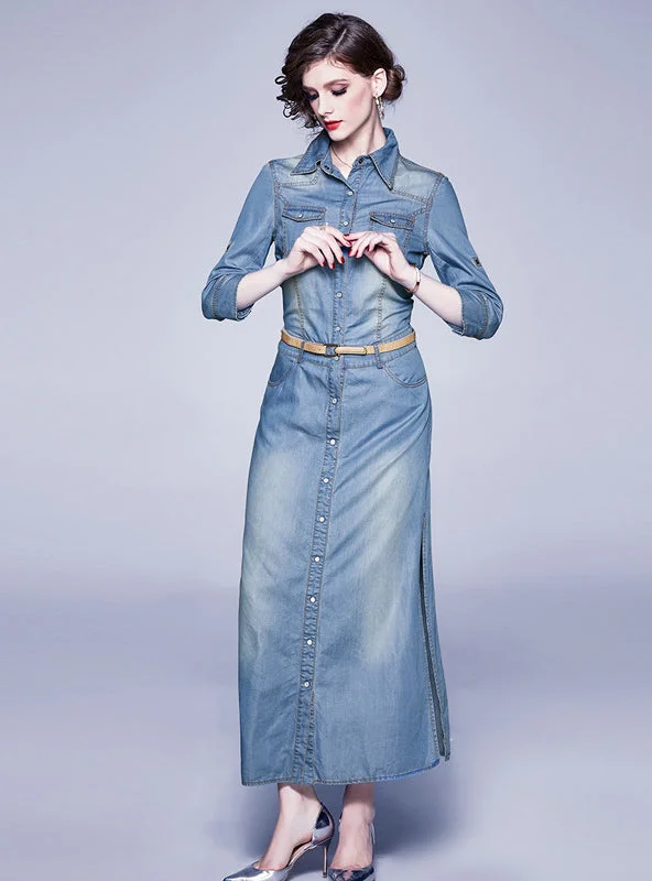 Split Blue Tencel Denim Lapel Dress Flowy Denim Skirt