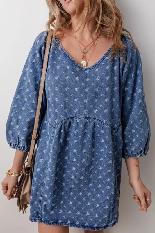 Tied V-Neck Three-Quarter Sleeve Denim Dress Classic Blue Denim