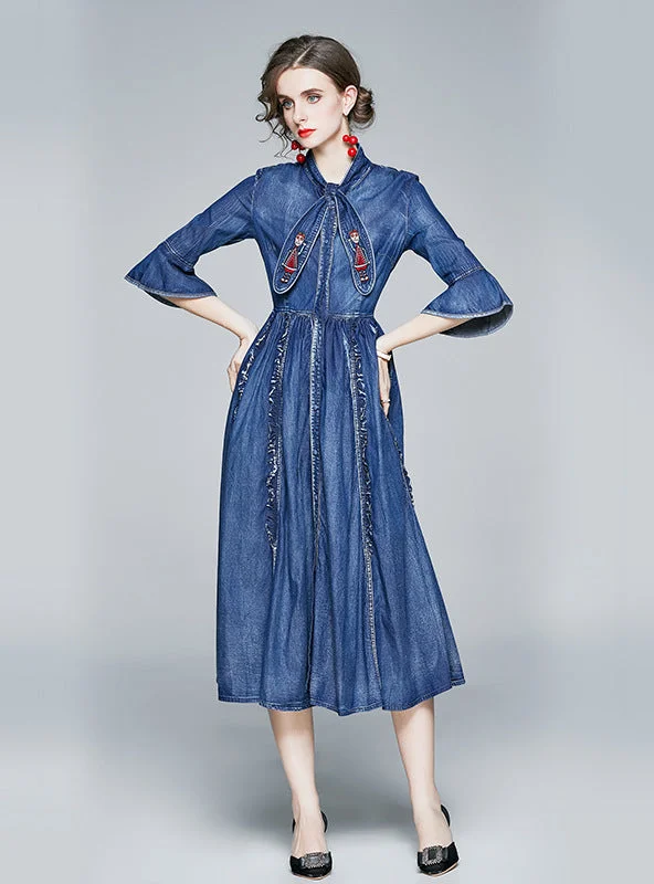 Trumpet Sleeves Embroidered Denim Dress Button-up Denim Skirt