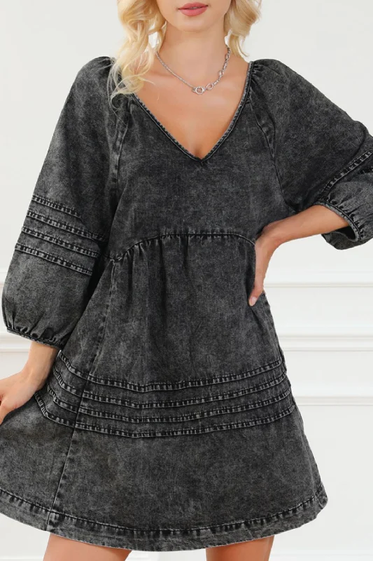 V-Neck Three Quarter Sleeve Denim Dress Raw Hem Denim