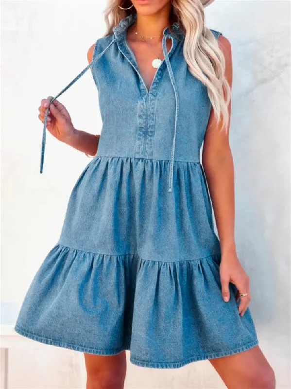 Women's Dresses Loose Belted Short Sleeve Denim Dress Full Denim Skirt