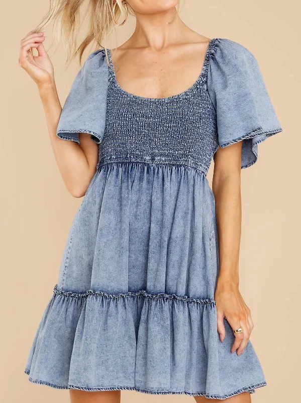 Women's Dresses Loose Square Neck Short Sleeve Denim Dress Dark Denim Skirt