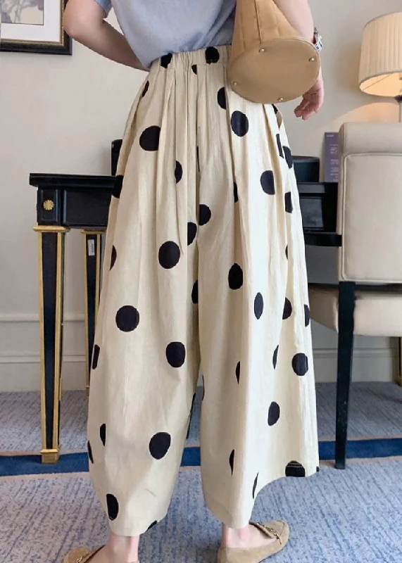 Casual White Dot Print Elastic Waist Crop Wide Leg Pants Summer TR006