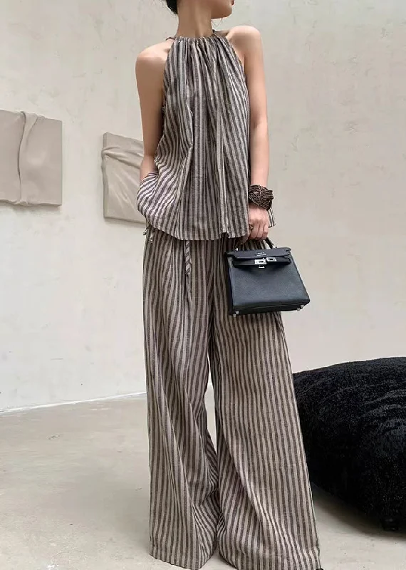 French Fashion Coffee Striped Top Wide Leg Pants Two Piece Set Summer EE055