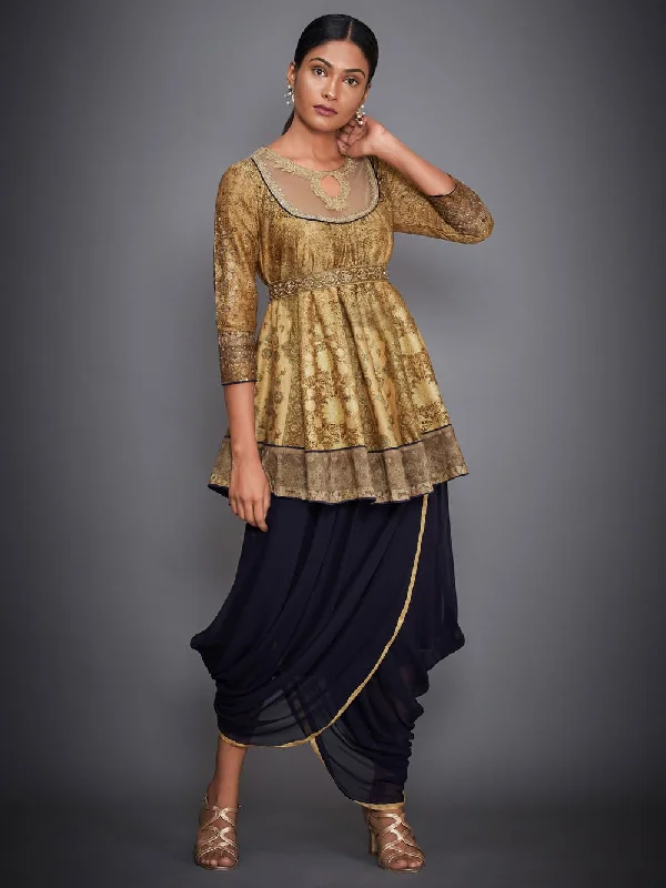 RI Ritu Kumar Gold & Navy Aari Embroidered Kurti With Dhoti Pants