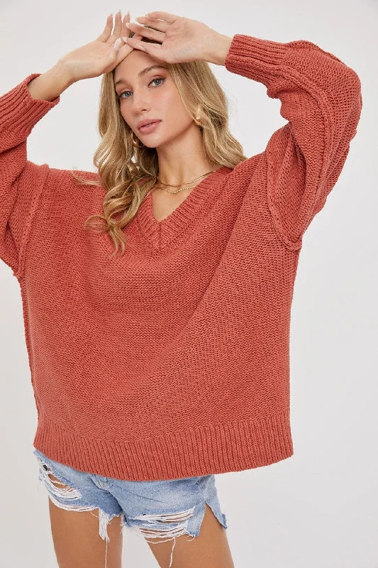 V Neck Oversized Sweater Chunky Knit Sweater