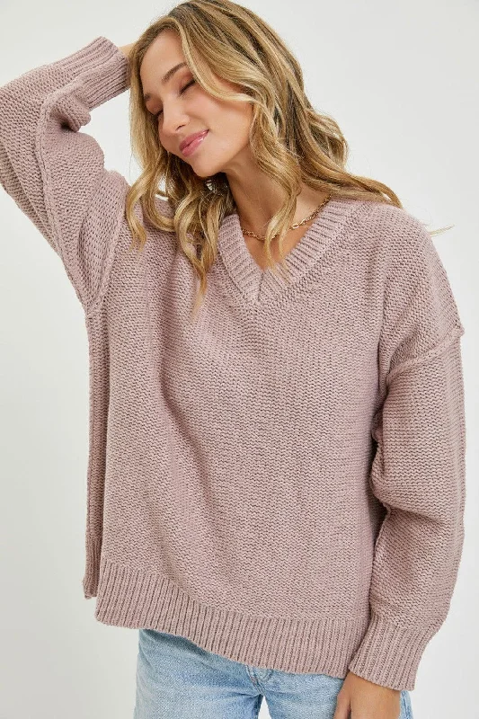 V Neck Oversized Sweater Color Block Sweater