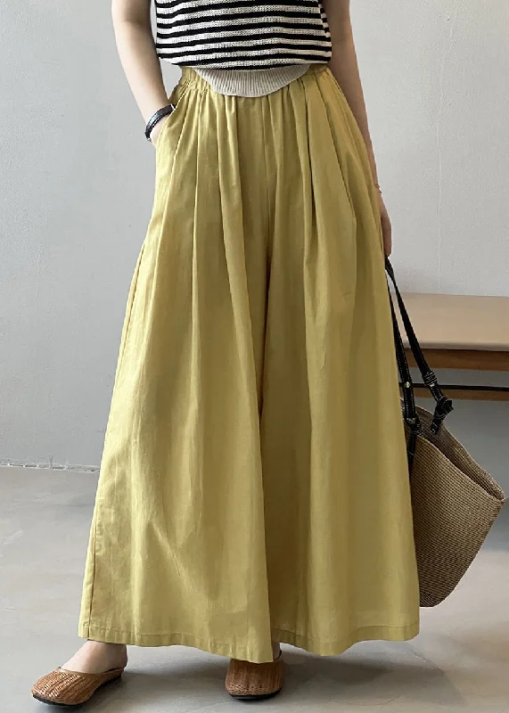 Women Yellow Pockets Solid Cotton Wide Leg Pants Summer QE055