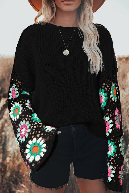 Black Floral Crochet Bell Sleeve Loose Sweater Fitted Sweater Gown