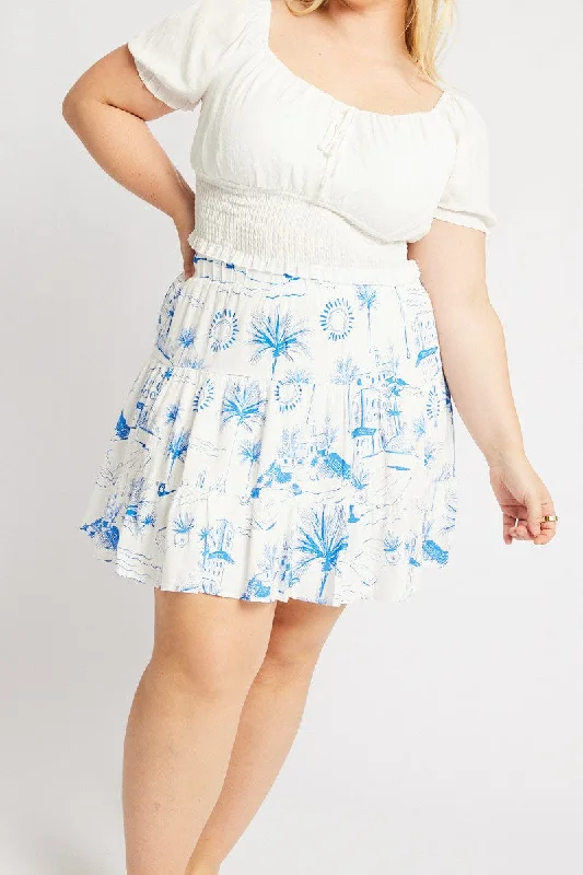 Blue Abstract Tiered Mini Skirt Button-front Mini Skirt