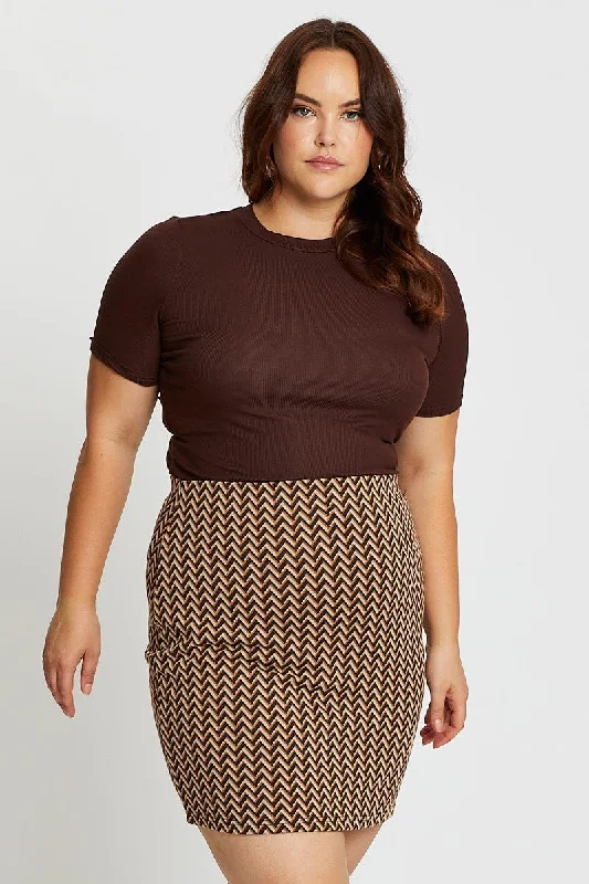 Brown Zig Zag Print Mini Skirt Bold Mini Skirt