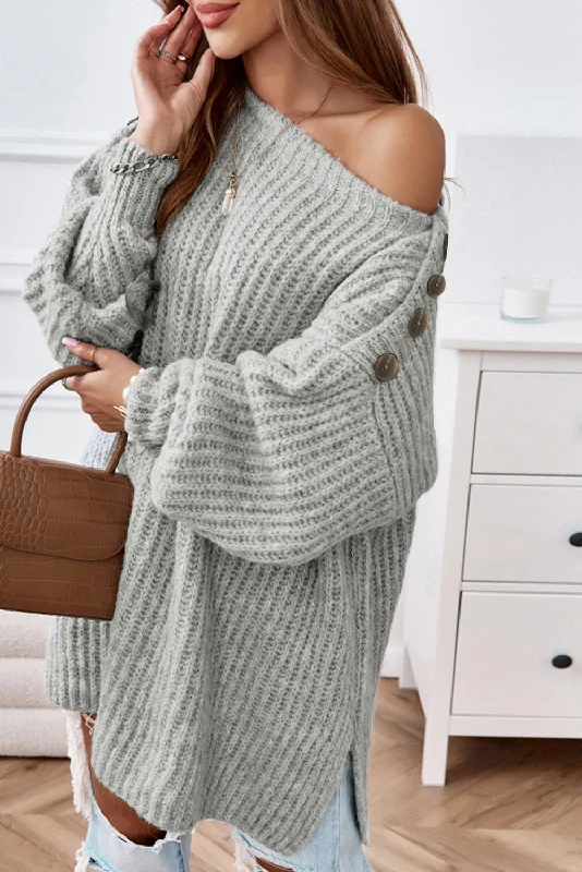 Buttoned Boat Neck Slit Sweater Comfy Knit Dress