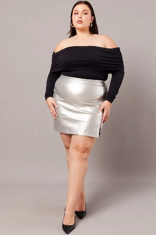 Metallic Faux Leather Split Mini Skirt Cute Mini Skirt