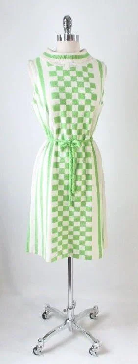 Vintage 60's Lime Green MOD Block Checkerboard Stripe Knit Sweater Shift Dress M Cozy Knit Gown