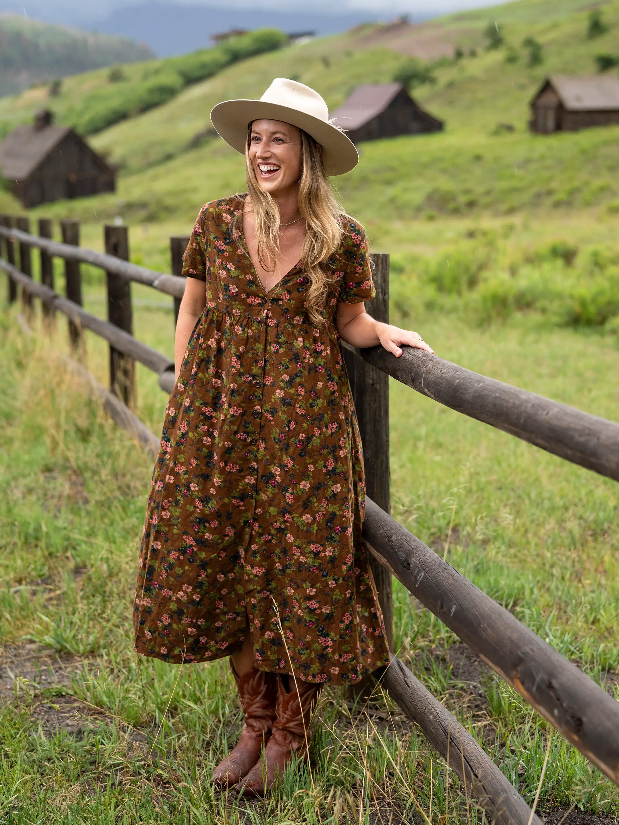 Avery Corduroy Midi Dress - Brown Green Bouquets Floral Casual Midi Look