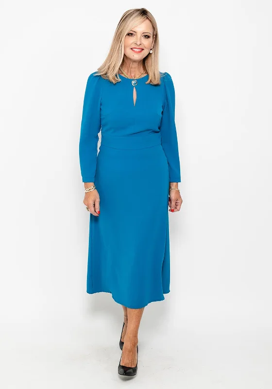 Camelot Button Neck A Line Midi Dress, Petrol Blue Elegant Satin Skirt