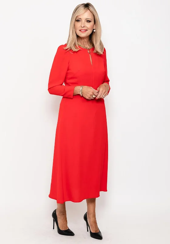 Camelot Button Neck A Line Midi Dress, Red Floral A-line Skirt