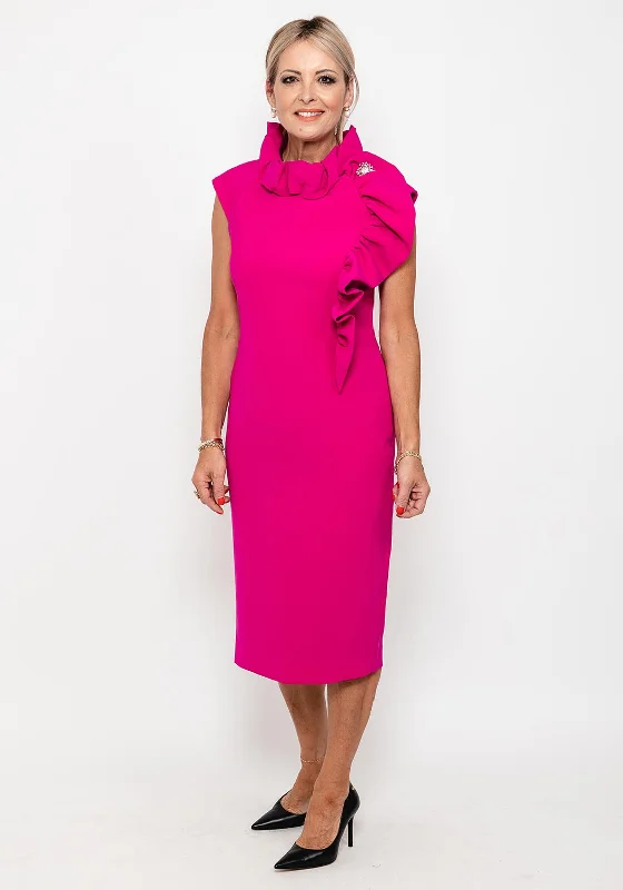 Claudia C Calisto Ruffle Midi Dress, Fuchsia Satin Midi Skirt