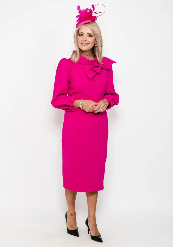 Claudia C Maia Bow Neck Midi Dress, Fuchsia Midi Skirt Party