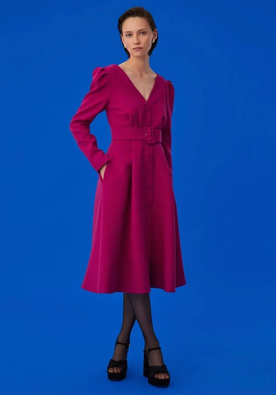 Exquise Belted V Neck Midi Dress, Fuchsia Midi Skirt Outfit