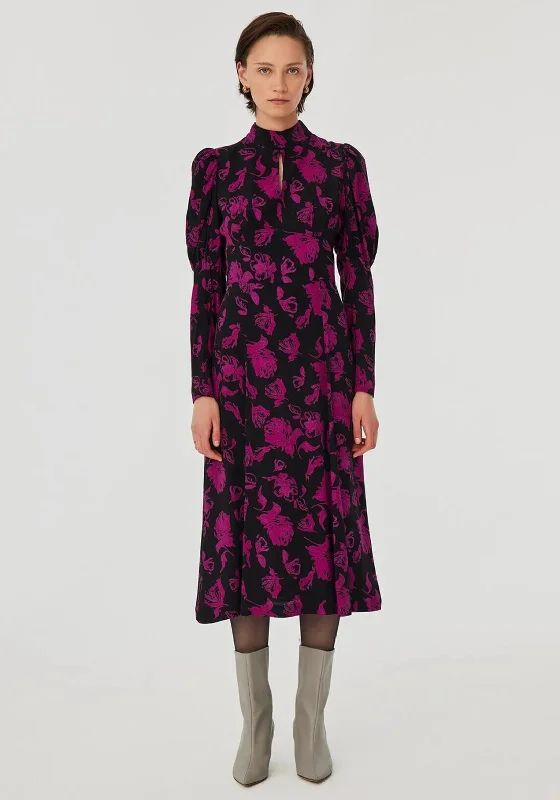 Exquise Floral Key Hole High Neck Midi Dress, Black & Fuchsia A-line Midi Skirt