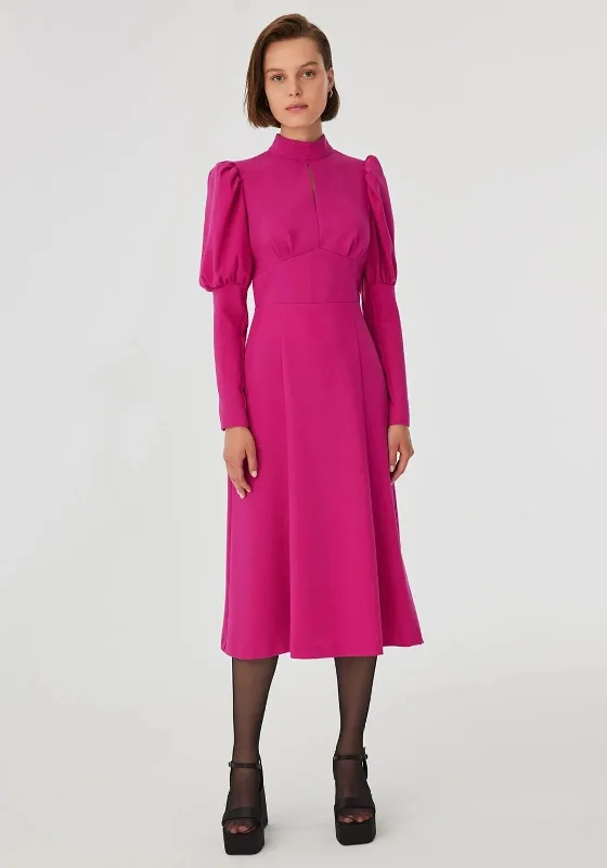 Exquise Key Hole High Neck Midi Dress, Fuchsia Pleated A-line Skirt