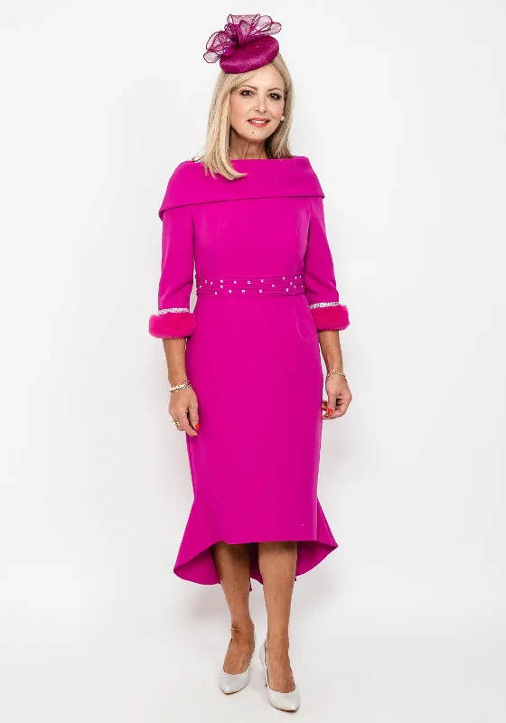 Gabriela Sanchez Detailed Fishtail Midi Dress, Fuchsia Flared Midi Skirt