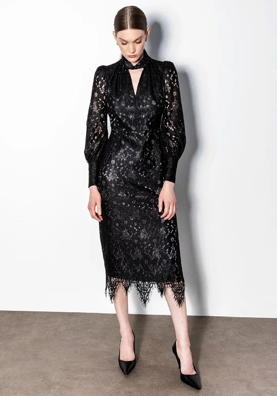 Kameya Twist Collar Lace Midi Dress, Black Casual Midi Look