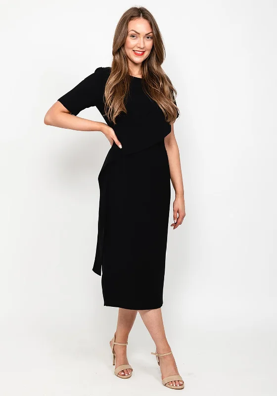 Kate Cooper Draped Shoulder Midi Dress, Black Midi Skirt Print