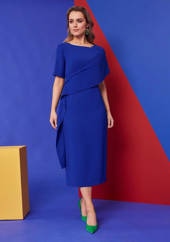 Kate Cooper Draped Shoulder Midi Dress, Royal Blue Tartan Midi Skirt