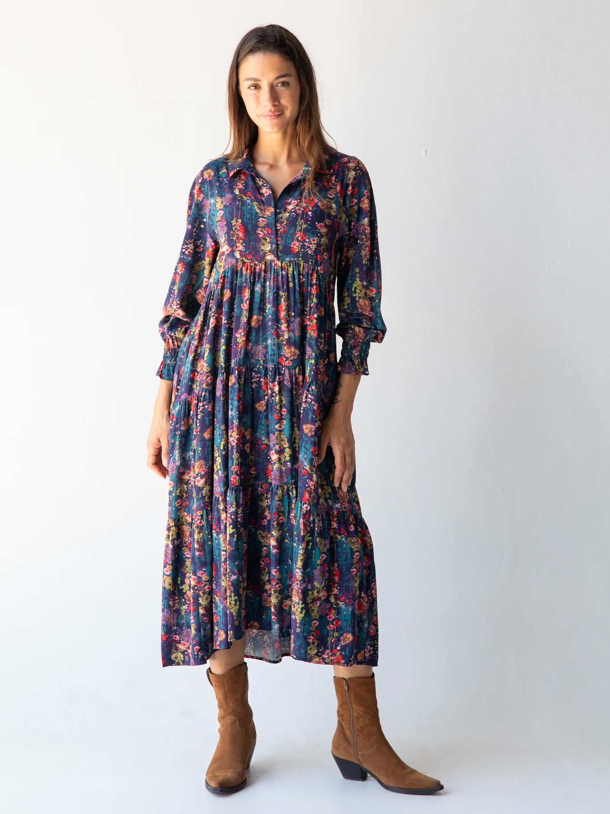 Rebecca Long Sleeve Midi Dress - Watercolor Indigo Floral Stylish Pleated Skirt