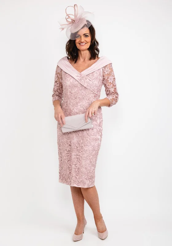 Veni Infantino Wide Neckline Lace Midi Dress, Dusty Rose Fashion Midi Skirt