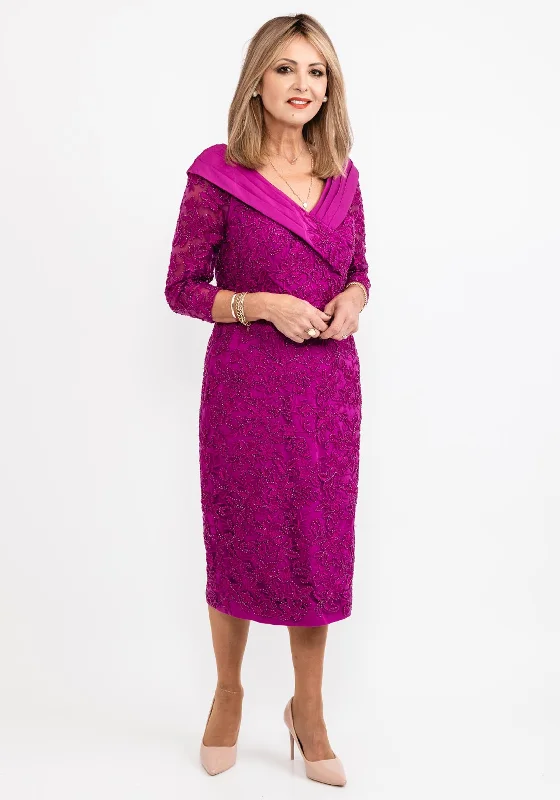 Veni Infantino Beaded Floral Midi Dress, Fuchsia Button Midi Skirt