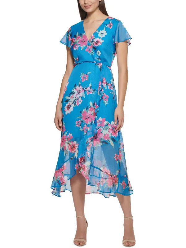 Womens Floral Chiffon V-Neck Midi Fit & Flare Dress Floral A-line Skirt