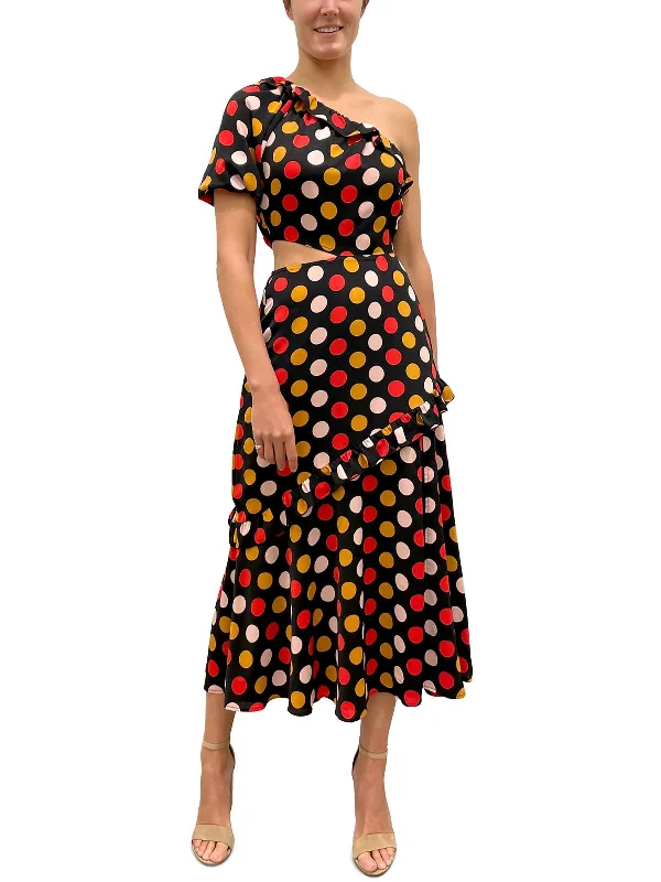 Womens Polka Dot One Shoulder Midi Dress Embroidered Midi Skirt