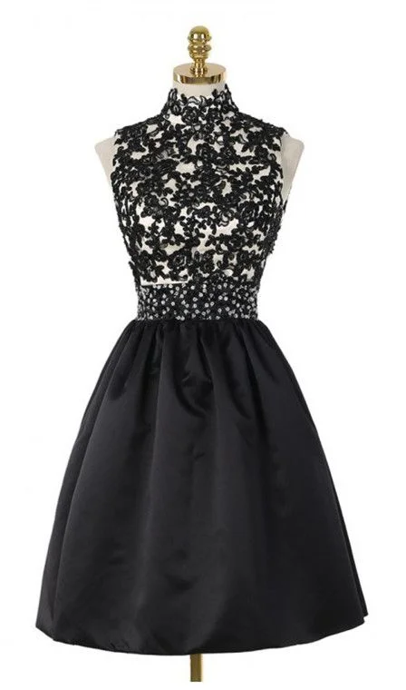 A-Line High Neck Open Back Above-Knee Black Corset Homecoming Dress 2024 with Lace Sequins Gowns Sequin Dress Look